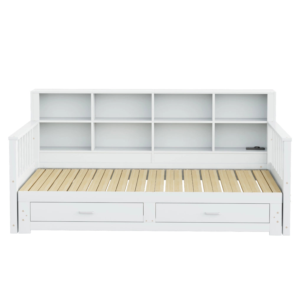 Divano letto estraibile in legno con contenitore, 2 cassetti e presa integrata
