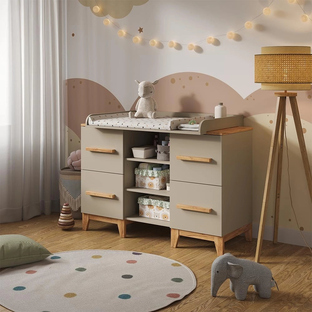 Fasciatoio Malia, Cashmere/Artigianale, 133 x 98 cm XL con 4 cassetti, con fasciatoio rimovibile per l'utilizzo come cassettiera