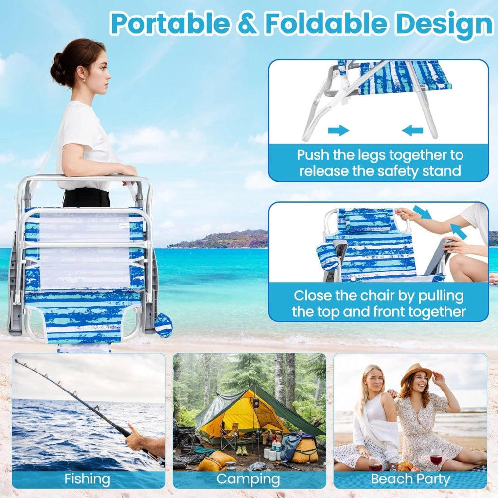 Set di 2 Sedie da Spiaggia Pieghevoli, Spiaggina con Schienale Regolabile in 5 Posizioni, Sdraio Mare con Portabicchieri e Portaasciugamani, Lettino Prendisole per Campeggio, Picnic (Blu)
