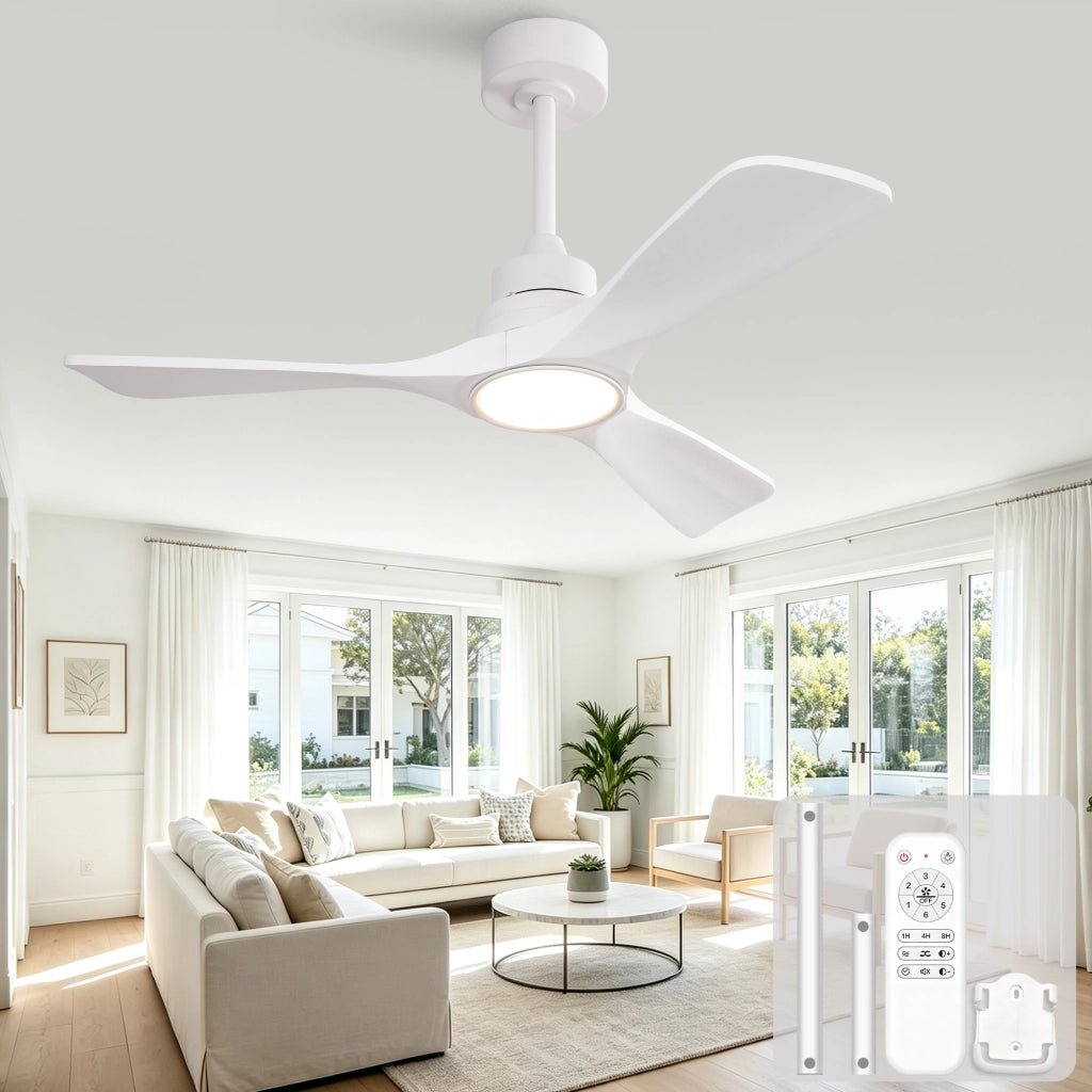 Ventilatore da soffitto bianco puro 42 pollici, 3 pale ad elica rinforzate in legno massello, motore DC reversibile silenzioso, design moderno