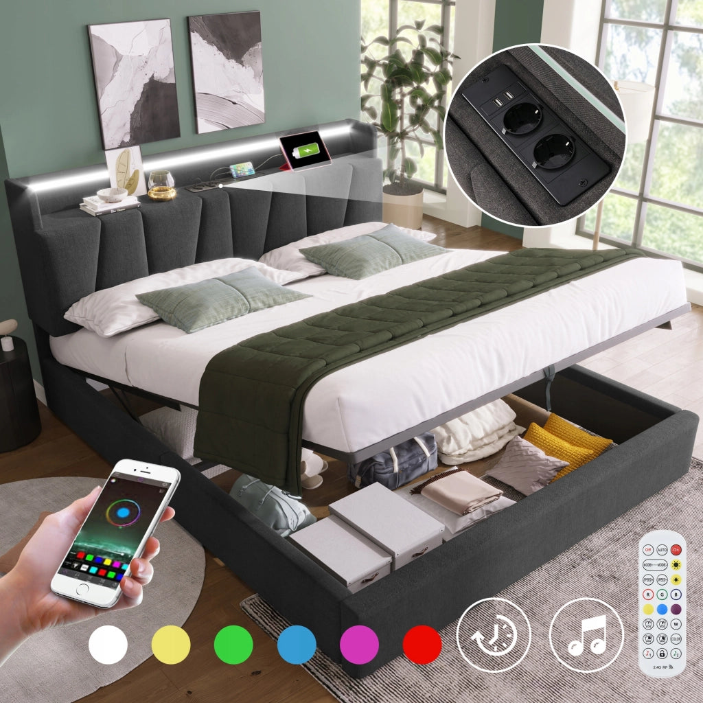 Letto matrimoniale 160x200 - Xylo - USB e LED, grigio, senza materasso