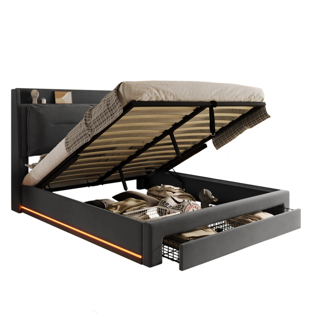 OKWISH Letto Contenitore 140×190 cm, Letto Matrimoniale con Sollevamento Idraulico, 1 Cassetto 2 in 1 e LED Regolabile, senza Materasso, in Velluto, Grigio Scuro