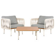 Set poltrone e tavolo con struttura in metallo e schienale in corda con cuscini grigio stile elegante