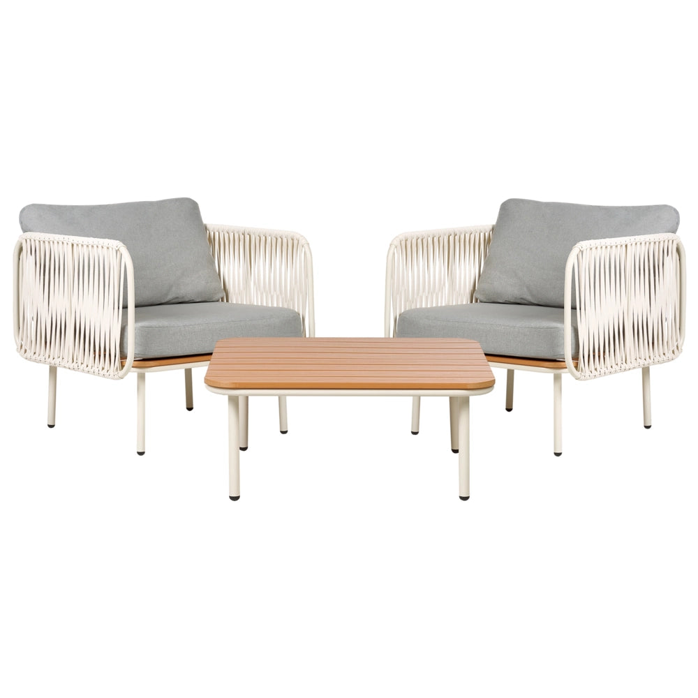 Set poltrone e tavolo con struttura in metallo e schienale in corda con cuscini grigio stile elegante