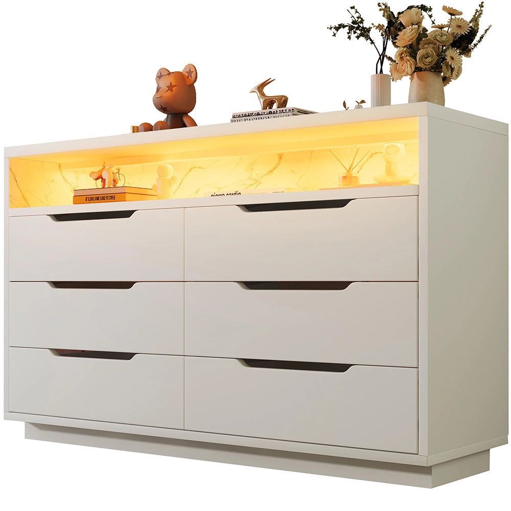 Buffet con LED - Xylo - 120??40??85 cm - 6 Cassetti Effetto Marmo Bianco