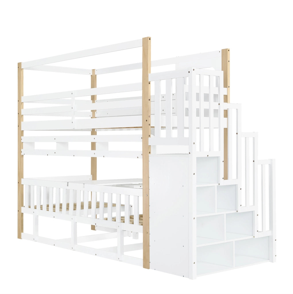 Letto a castello per bambini 90x200 cm con tavolo pieghevole regolabile; scala contenitore; bianco e naturale