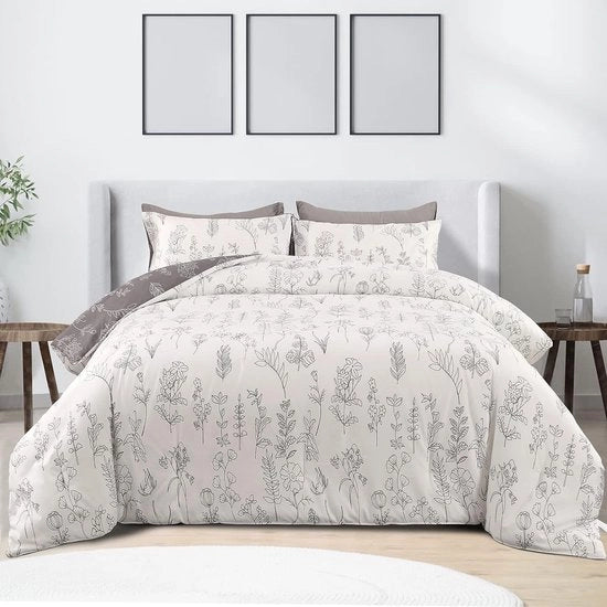 Duvet 200 x 200 cm con imbottitura di microfibra 220 GSM morbido 4 stagioni con 2 cuscini copri  Disegno a tema piante  Duvet reversibile bianco e grigio
