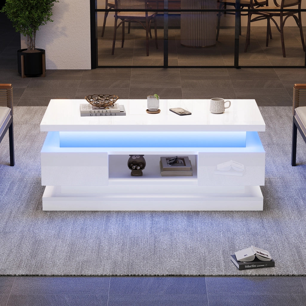 TAVOLINO DA SALOTTO ALZABILE 100 x 50 x 40 cm Bianco Lucido con LED e 2 Cassetti