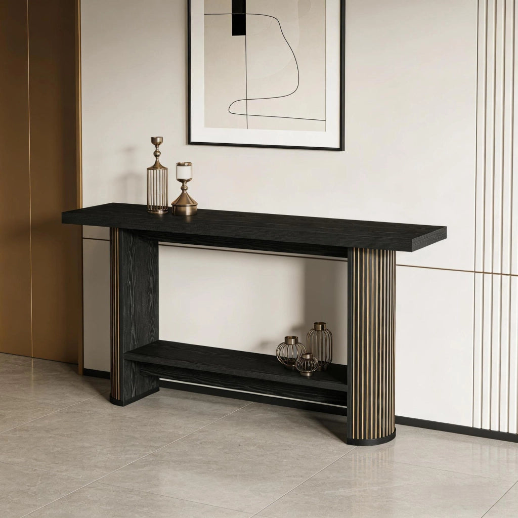 Tavolo consolle salvaspazio in legno nero dal design moderno
