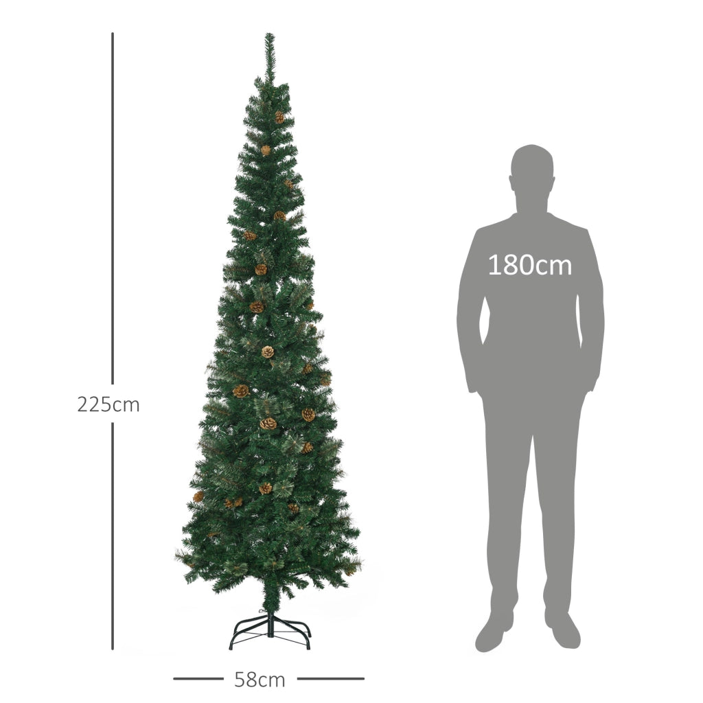 Albero di Natale Stretto Forma Matita 225 cm 706 Rami 56 Pigne Base Pieghevole Verde ¨C Minimal ¨C Verde 225x100x100