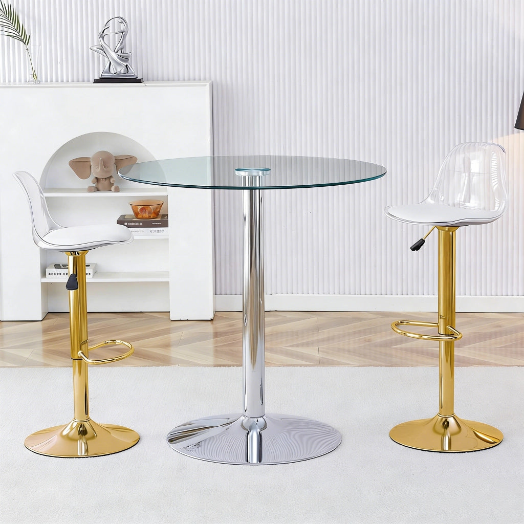 Tavolo da pranzo rotondo in vetro con 2 sgabelli regolabili e girevoli, per cucina, bar e lounge moderne, 89 cm