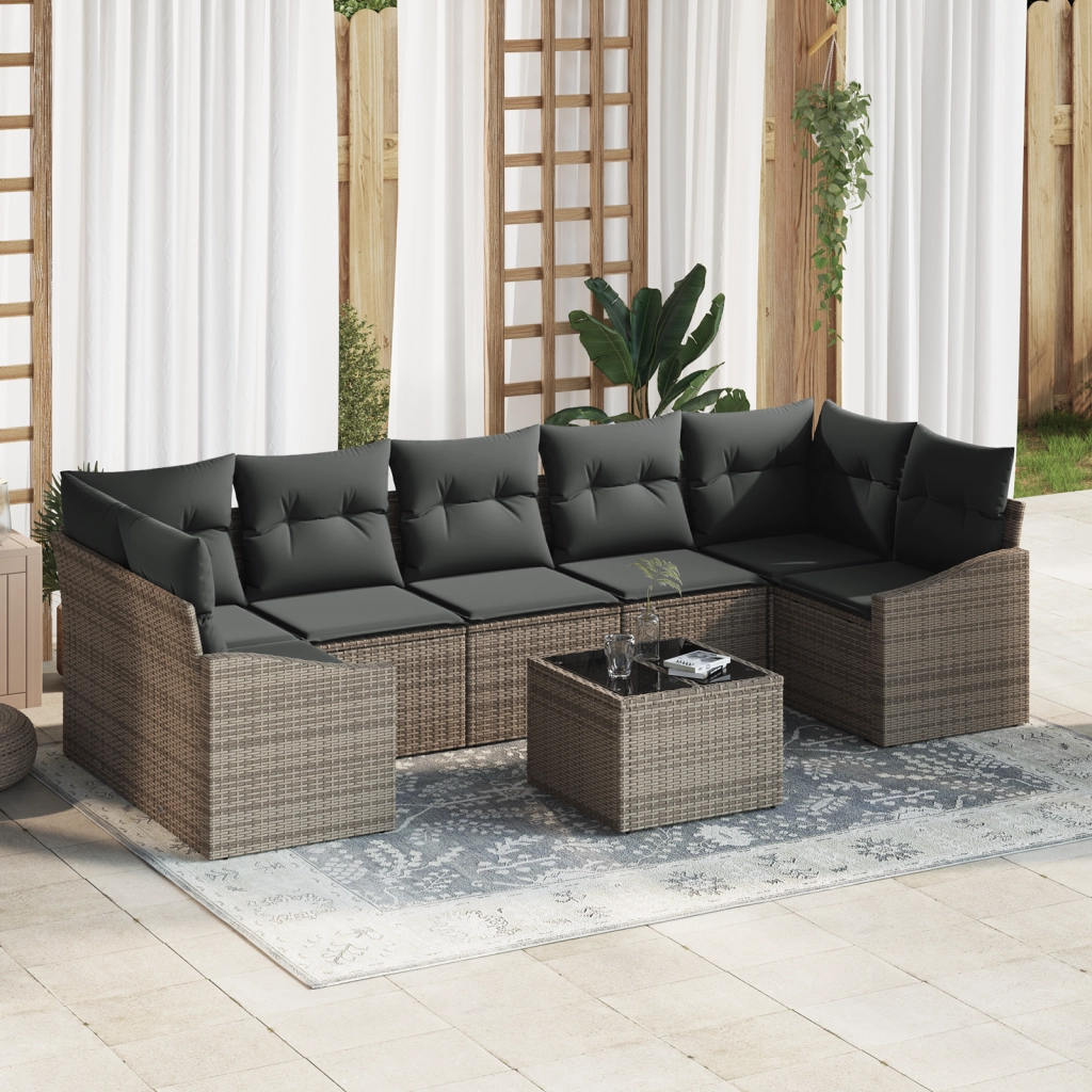 Set Divano da Giardino da 8 Pezzi con Cuscini Grigio in Polyrattan