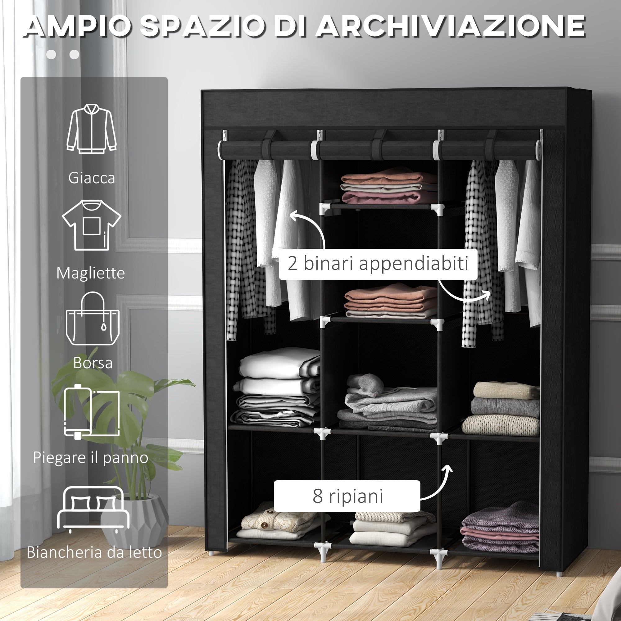 Armadio Guardaroba Salvaspazio 8 Ripiani 125x43x162,5 cm in Tessuto Nero