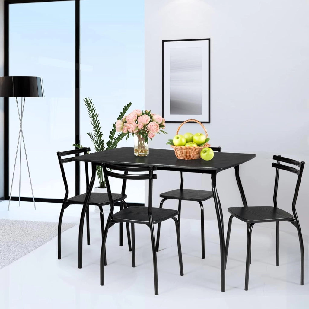 Tavolo da Pranzo con 4 Sedie, Set Tavolo e 4 Sedie da Sala da Pranzo in Metallo con Schienale Curvo Ergonomico e Piedi, Antiscivolo, per Casa, Soggiorno, Cucina, Nero
