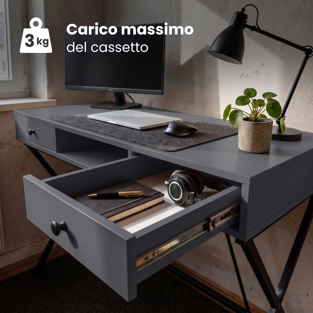 Scrivania PC industriale Grafite CROSSLINE 120 cm 2 cassetti 1 ripiano gambe nere
