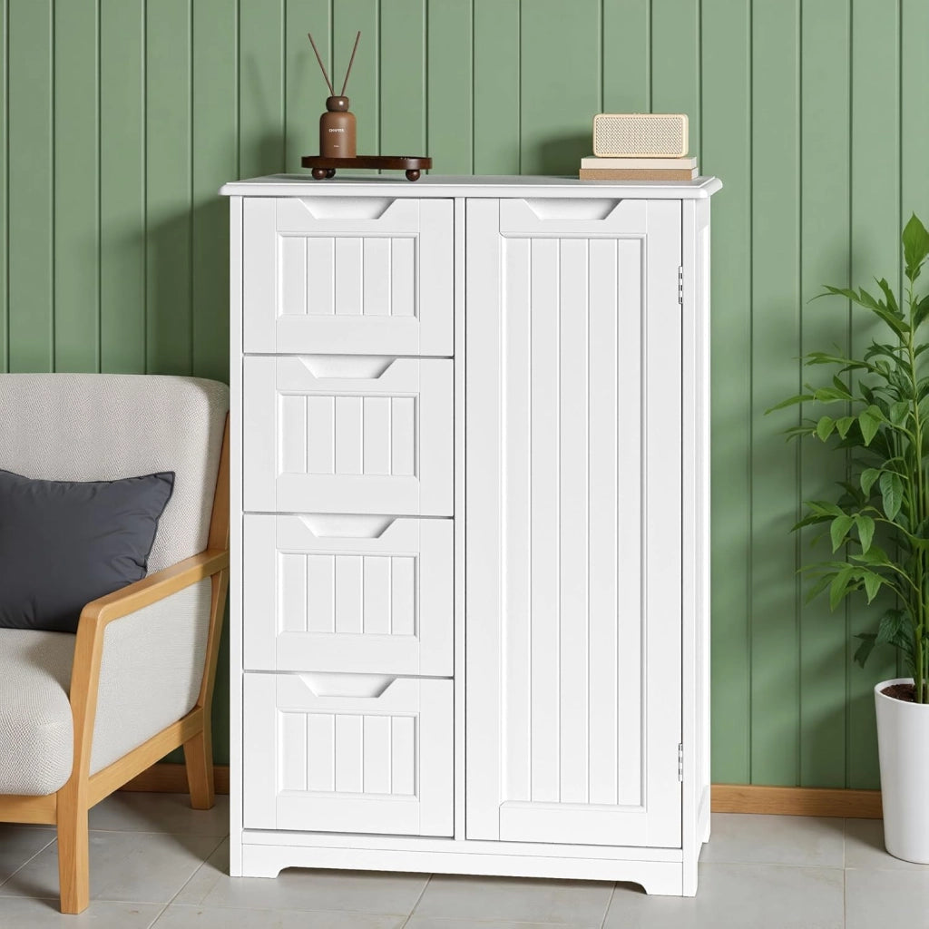 Armadietto per bagno con 4 cassetti, Armadietto autonomo, Armadietto laterale con anta e divisore regolabile, per bagno, ingresso, 30x60x85CM,Bianco