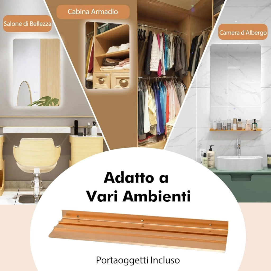 Specchio da Parete 70 x 50cm, Specchio Bagno Rettangolare con Luci Led a 3 Colori, Mensola e Funzioni di Autosbrinante e di Memoria, per Soggiorno e Camera da Letto, IP44