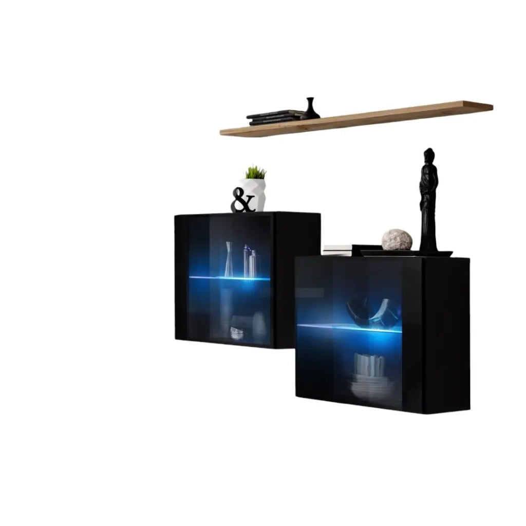 Set salotto SWITCH SBIII nero lucido, porta in vetro con LED integrato, scaffale in quercia Wotan, moderno
