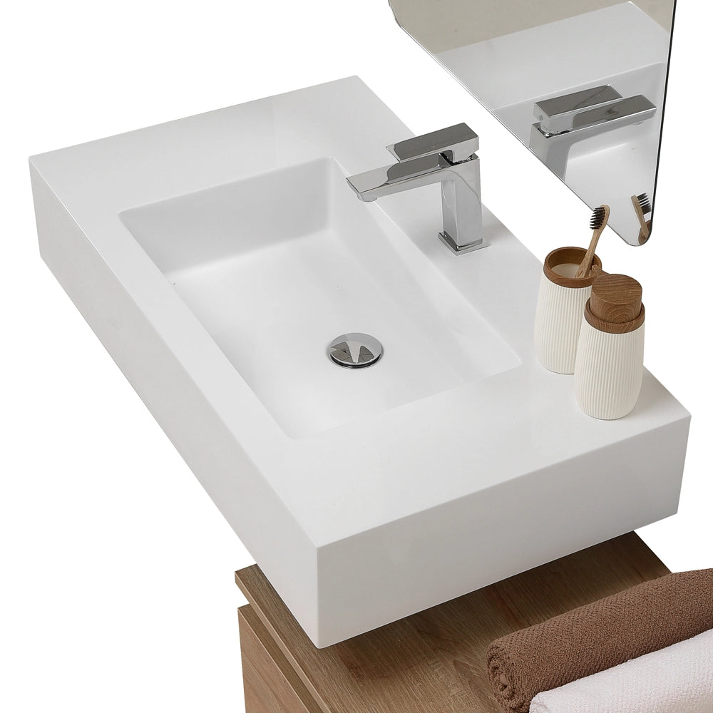 Mobile bagno sospeso 80 cm rovere naturale con lavabo sospeso e specchio – Numa