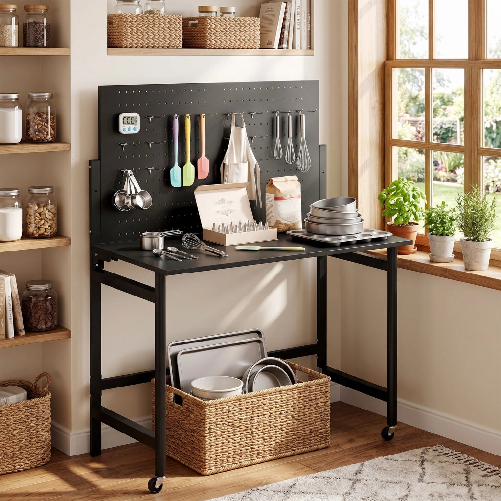 Banco da Lavoro Pieghevole Portatile 115x62x143,5 cm con Pannello Perforato Piano Spesso in Legno Struttura in Acciaio