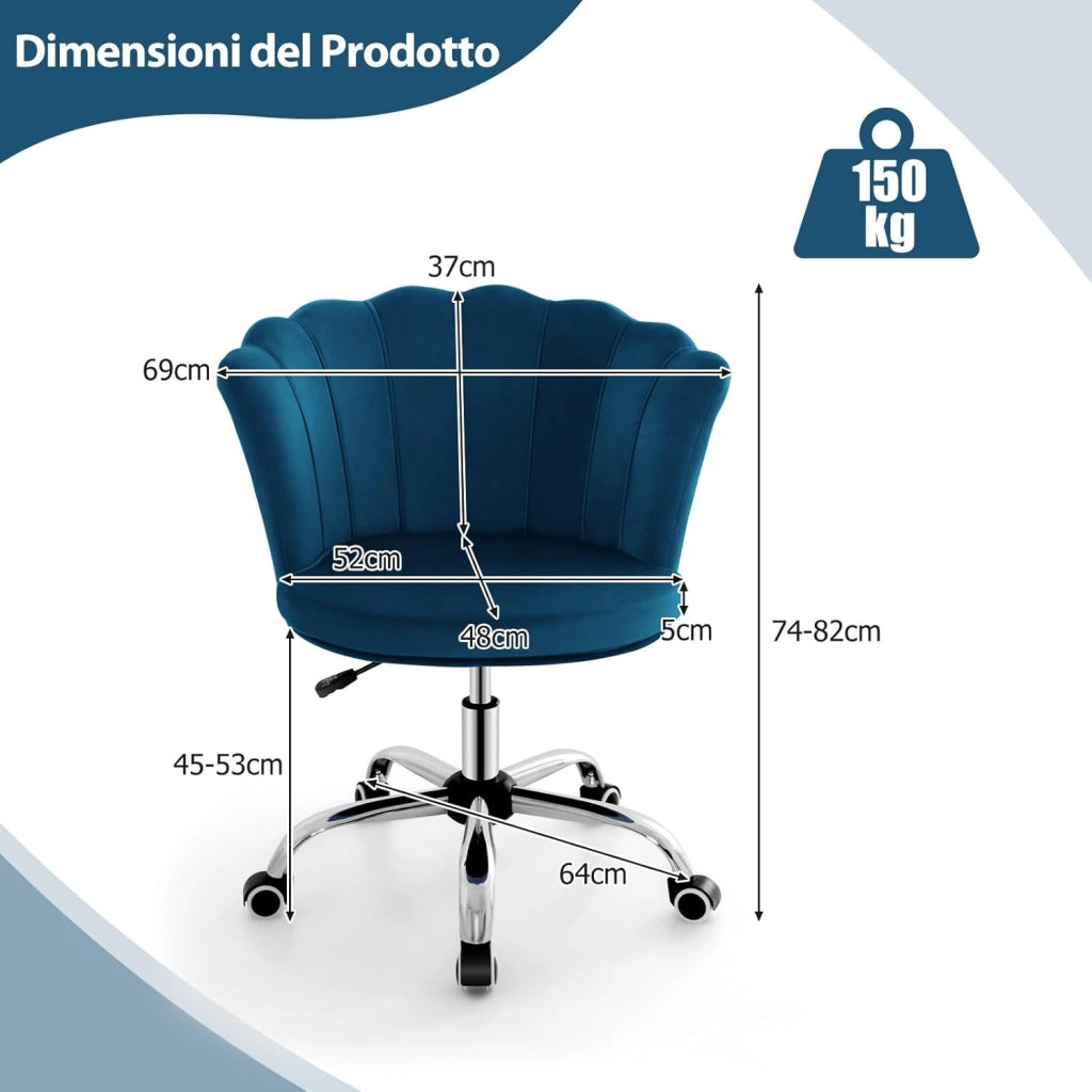 Sedia da Scrivania in Velluto, Poltrona Girevole con Altezza Regolabile, con Schienale a Forma di Petalo e Ruote, per Casa Ufficio, Carico Massimo 150 kg (Blu)