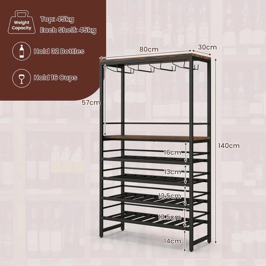 Portabottiglie Industriale Da Pavimento, Scaffale Per Vino a 6 Livelli Indipendente, Armadio In Metallo Con Righe Per 16 Tazze e 32 Bottiglie Per Cucina, Bar, Sala Da Pranzo, 80 x 30x140 cm