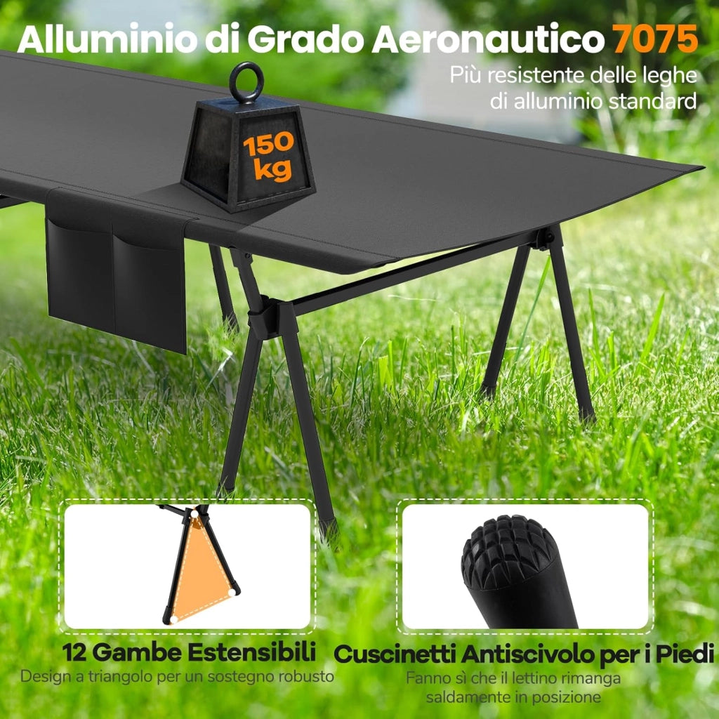 2-in-1 Brandina da Campeggio, Letto Pieghevole e Portatile con Estensori per Gambe, Tasca Laterale e Borsa da Trasporto, Lettino Regolabile in Altezza per Viaggio e Spiaggia, Portata 15 kg