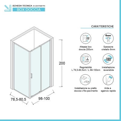 Box doccia angolare 80x100 cm scorrevole in cristallo trasparente Ted