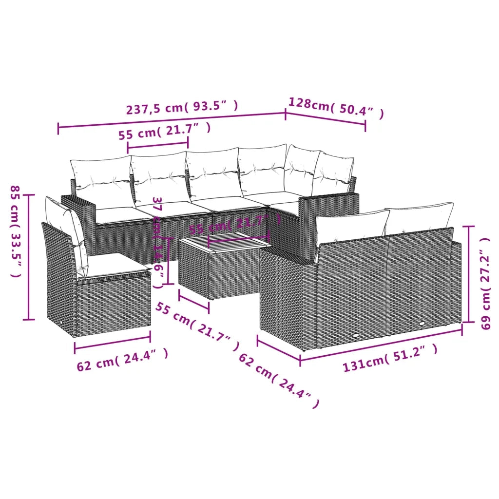 Set Divano da Giardino 9 pz con Cuscini Beige in Polyrattan 3224217