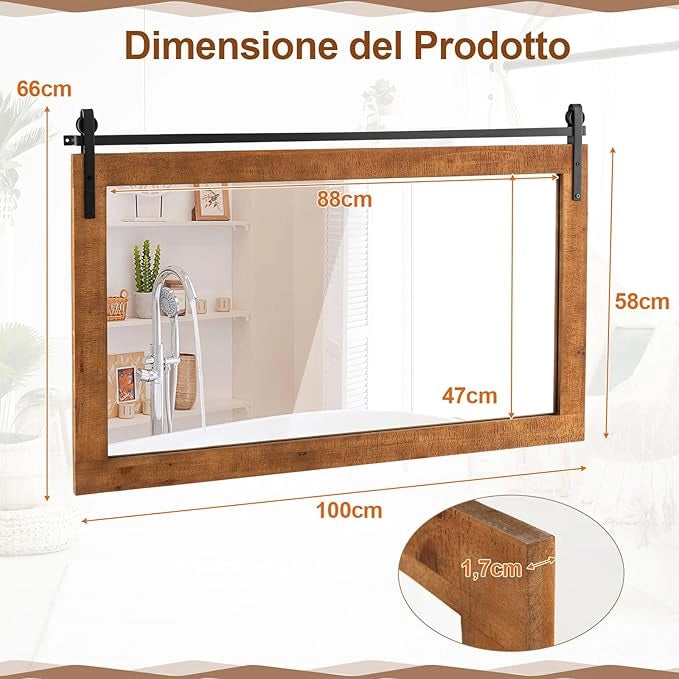 Specchio da Parete 100 x 66 cm, Specchio Rettangolare con Cornice in Legno Massiccio e Staffa in Metallo, Decorazione da Parete per Soggiorno Ingresso Bagno, Marrone (Marrone)