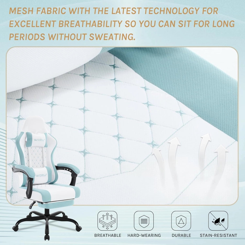 Sedia Gaming con Massaggio, Poltrona Ufficio Ergonomica, Ampia Sedia Girevole Imbottita per Computer con Cuscino Lombare Massaggiante, Carico 150 Kg, Tessuto a rete Bianco+Blu