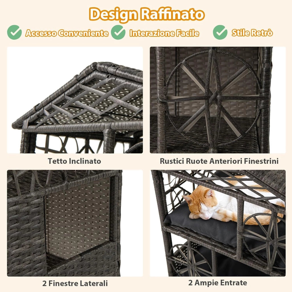 Casa per Gatti in Vimini a 2 Piani, Recinto per Gattini in Rattan con Cuscini Rimovibili, Tetto, Finestre e Porte, Rifugio Elevato da Interno ed Esterno per Conigli e Gattini
