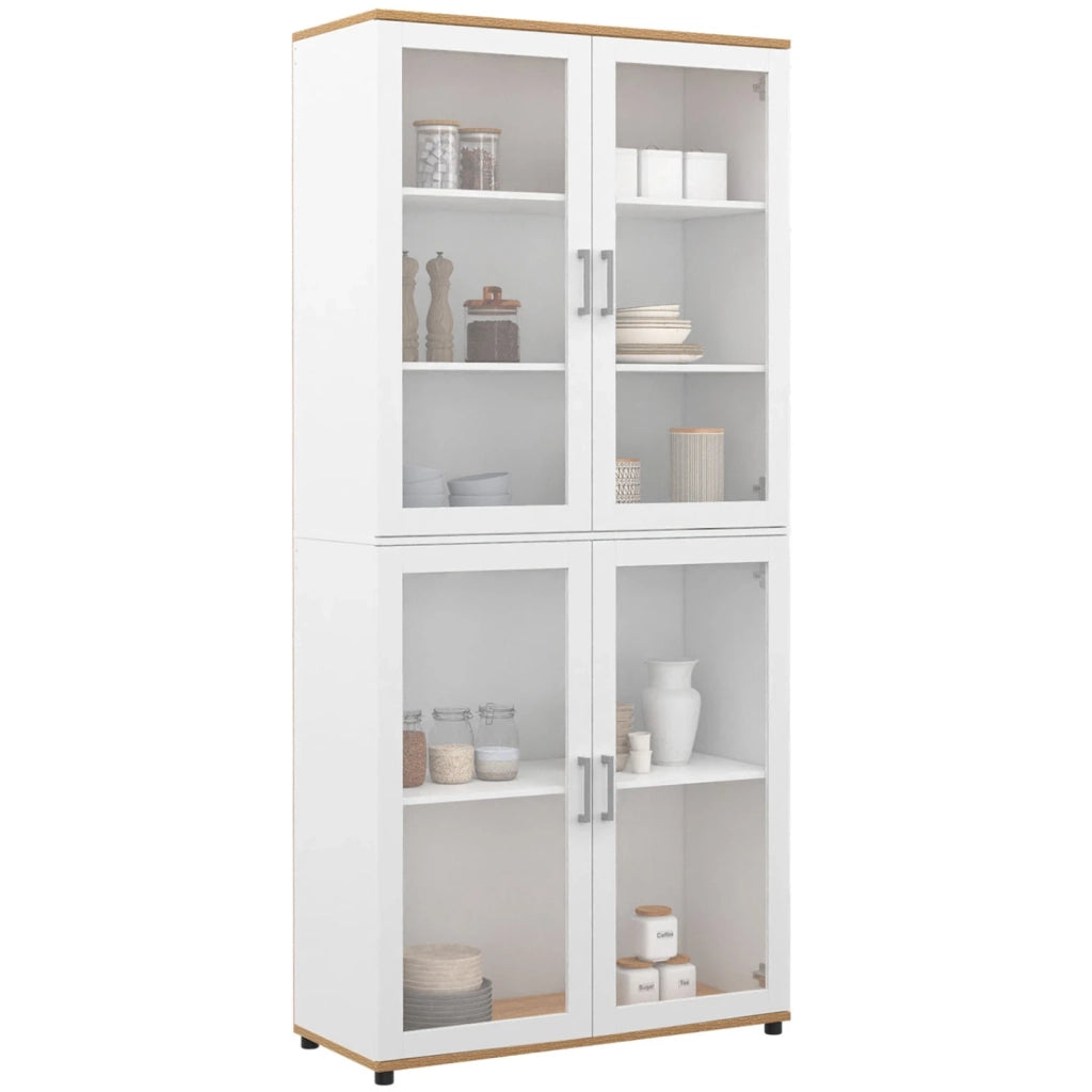 IDMarket - VITO Vitrina de 4 puertas de cristal blanco y efecto haya