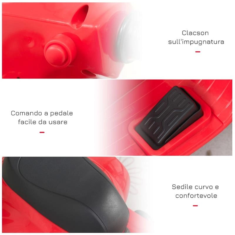 VESPA ELETTRICA PER BAMBINI CON BATTERIA 6V FARI E CLACSON 18-36 MESI ROSSA