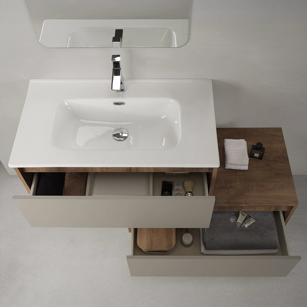 Mobile bagno sospeso 80 cm in legno tabacco e tortora con 2 cassetti, lavabo e specchio Smok