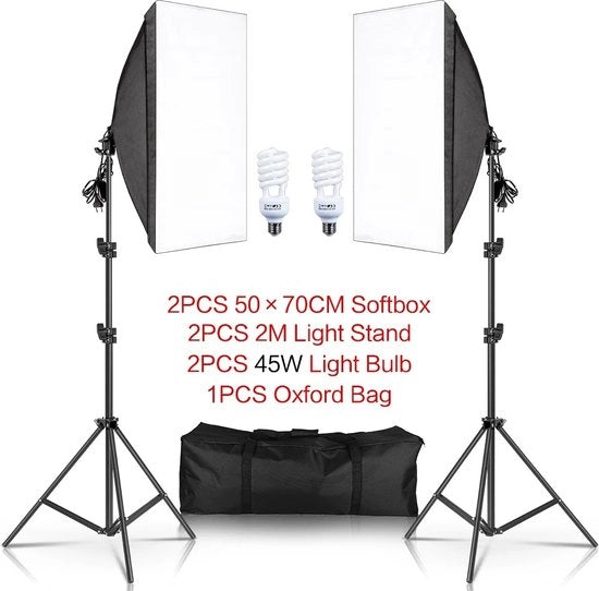 Lampade per Fotografia - Zaino - 2 Lampade 45W - Bianco - Supporti Neri - Altezza Regolabile - Massimo 2M di Altezza