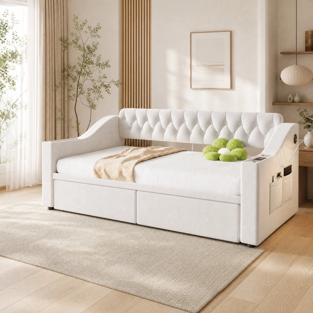 Polsterbett Schlafsofa 90 x 190 cm in velluto beige con contenitore, porte USB e struttura in metallo