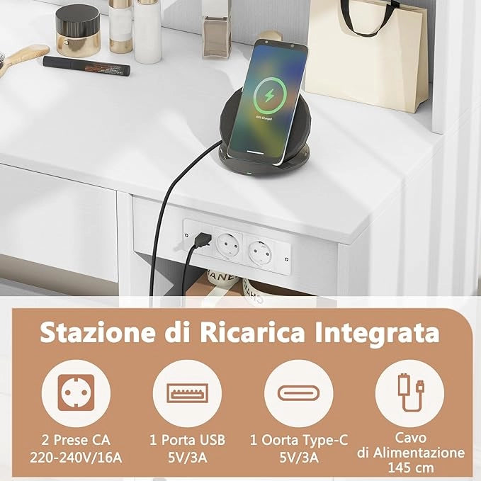 Set Tavolo da Toeletta con Luci, Set Tavolo e Sgabello con Stazione di Ricarica, Ripiano Regolabile, Luci a 3 Colori, Cassetto, Consolle Toeletta con Sgabello Portaoggetti, 90 x 40 x 135,5 cm