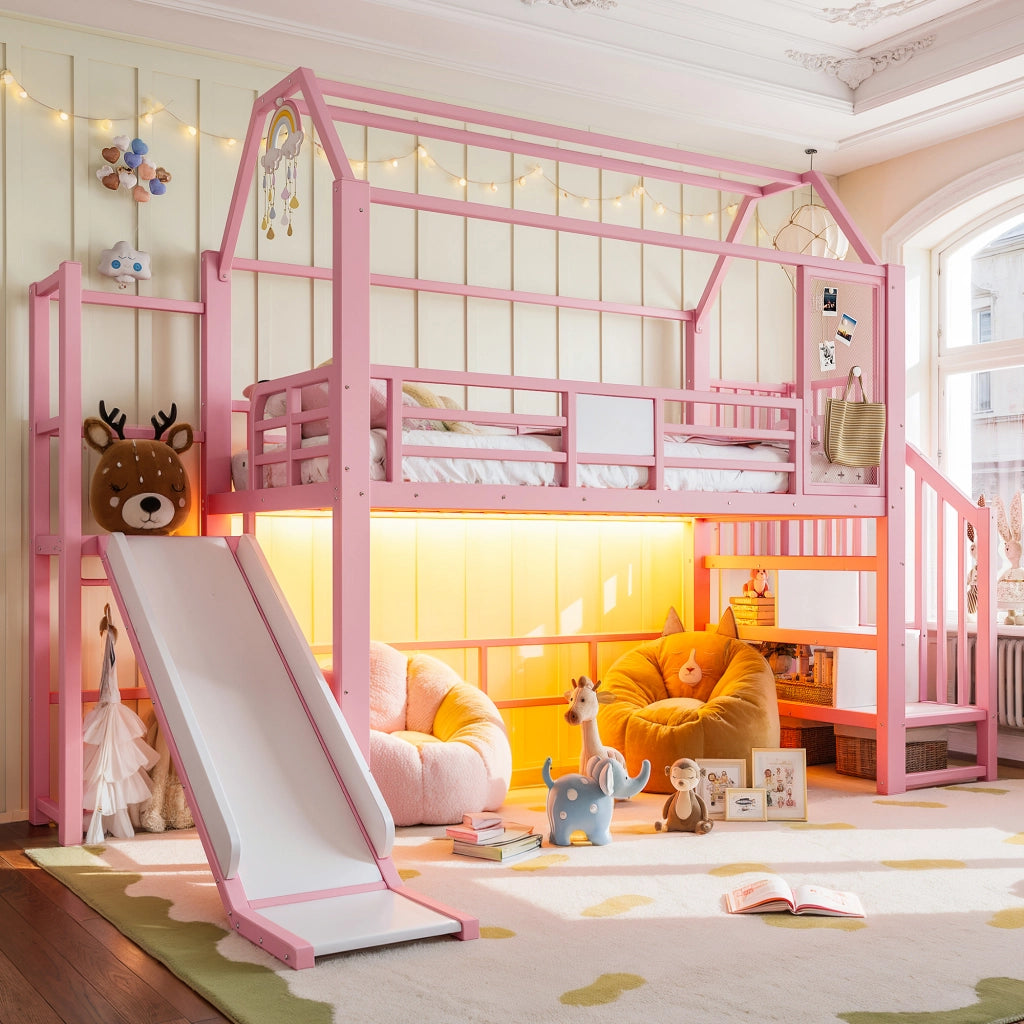 Letto a soppalco per bambini rosa a casetta con scivolo; LED Bluetooth; 90 x 200 cm