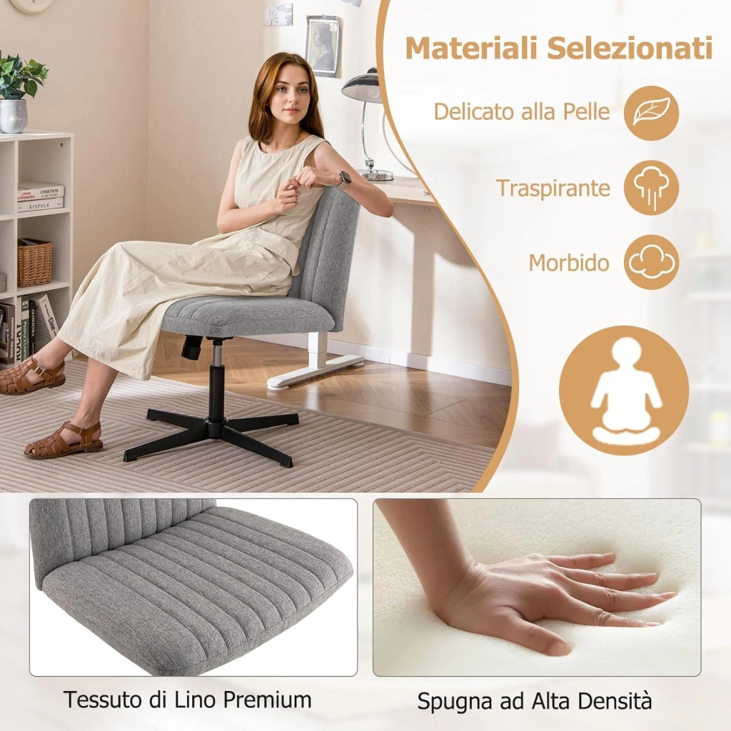 Sedia Ufficio Senza Ruote, Sedia da Scrivania con Sedile Imbottito, con Funzione a Dondolo 100°-120°, Girevole 360°, Altezza Regolabile, Sedia Ergonomica Portata 150 kg (Grigio)