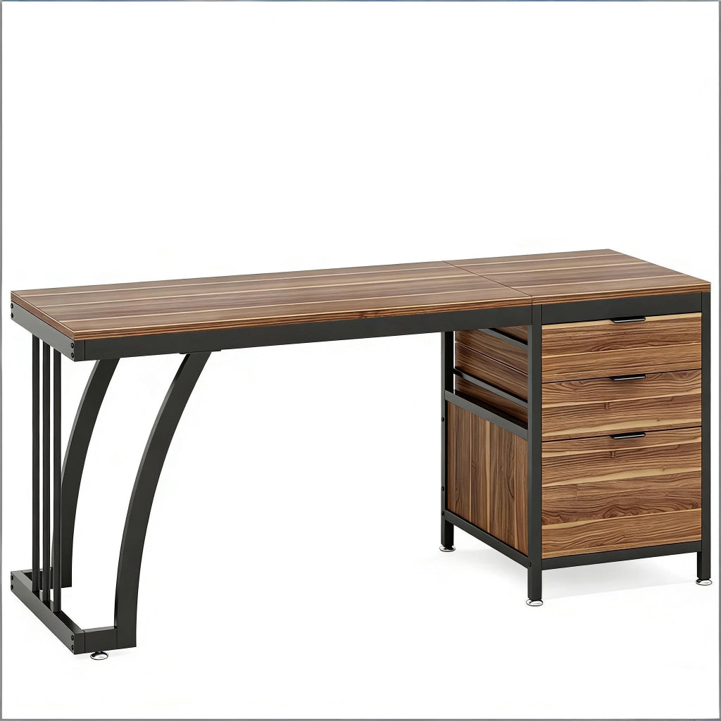 Scrivania da Computer in Metallo e Legno, 150 x 50 x 75 cm, con 3 Cassetti, Colore Noce