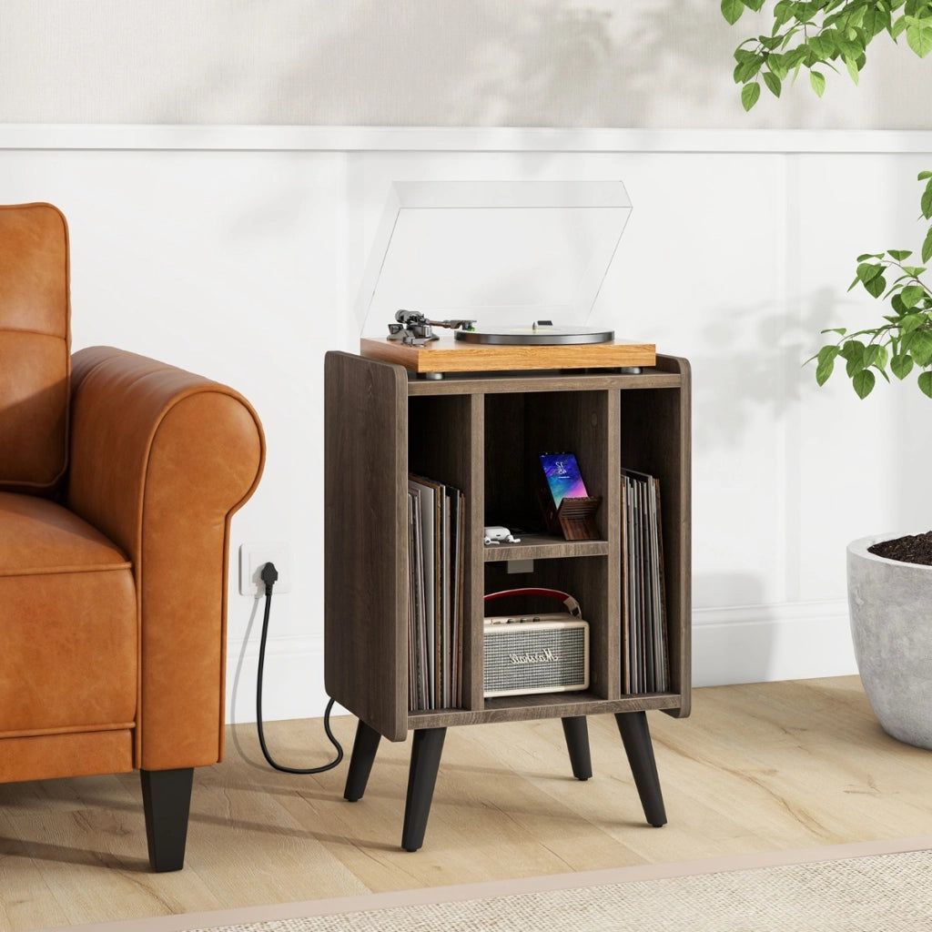 Supporto per giradischi con 4 ripiani aperti presa di corrente e porta USB, Porta vinili con mensole espositive Marrone