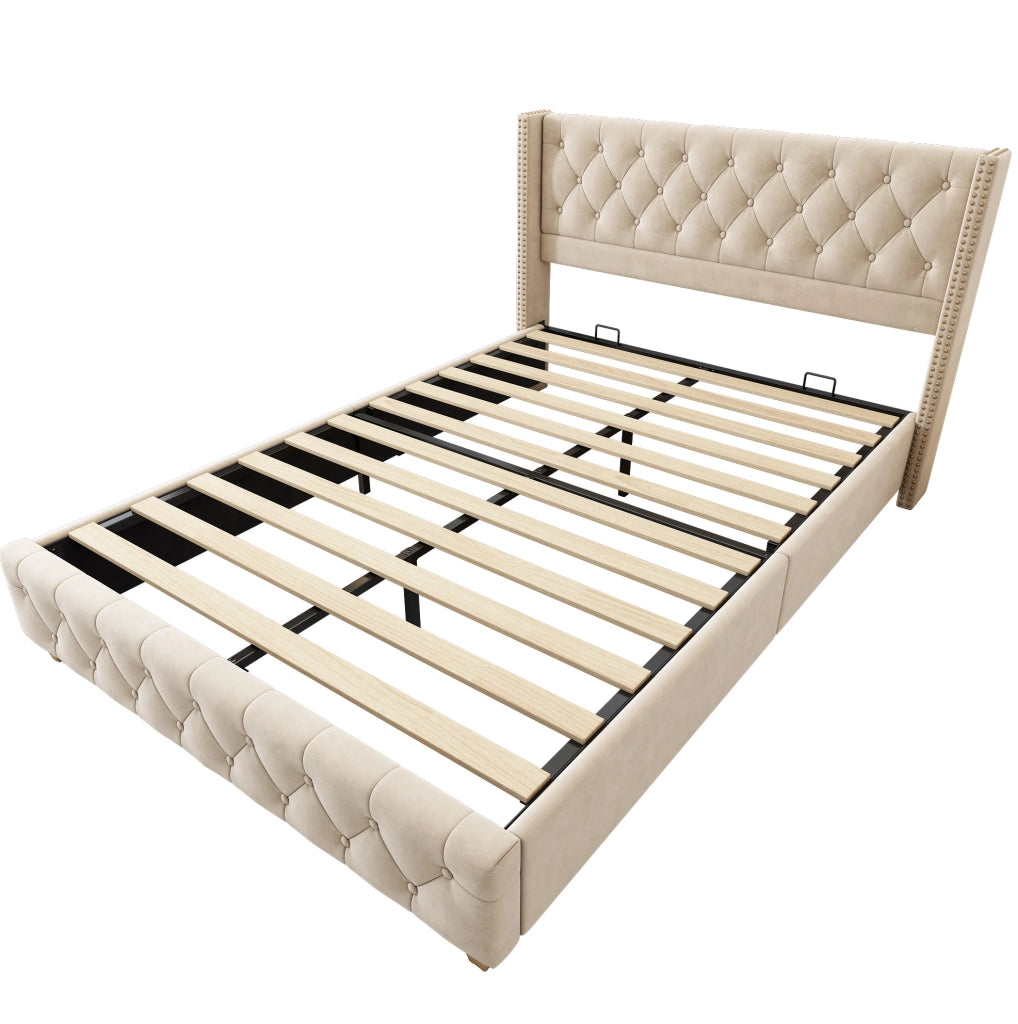 Letto matrimoniale imbottito 160x200 cm in velluto beige chiaro con testiera capitonné