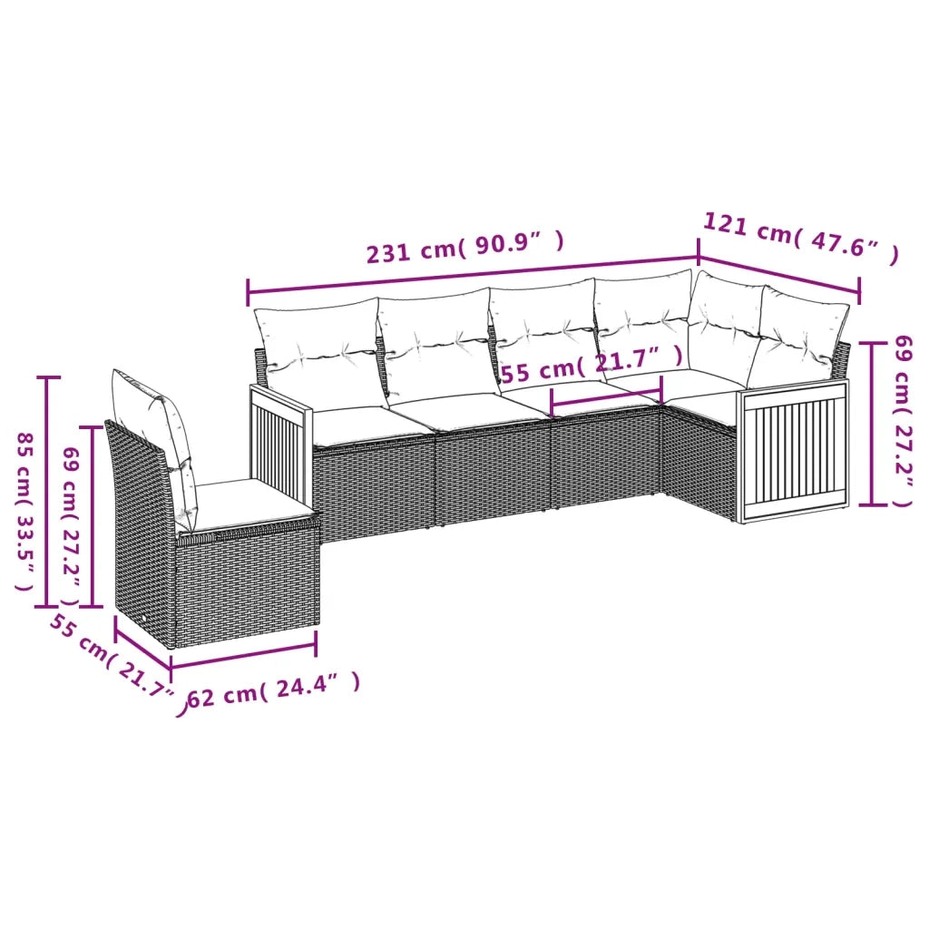 Set Divano da Giardino 6 pz con Cuscini-Sofa da Giardino-Divanetto da esterno Nero in Polyrattan 774490