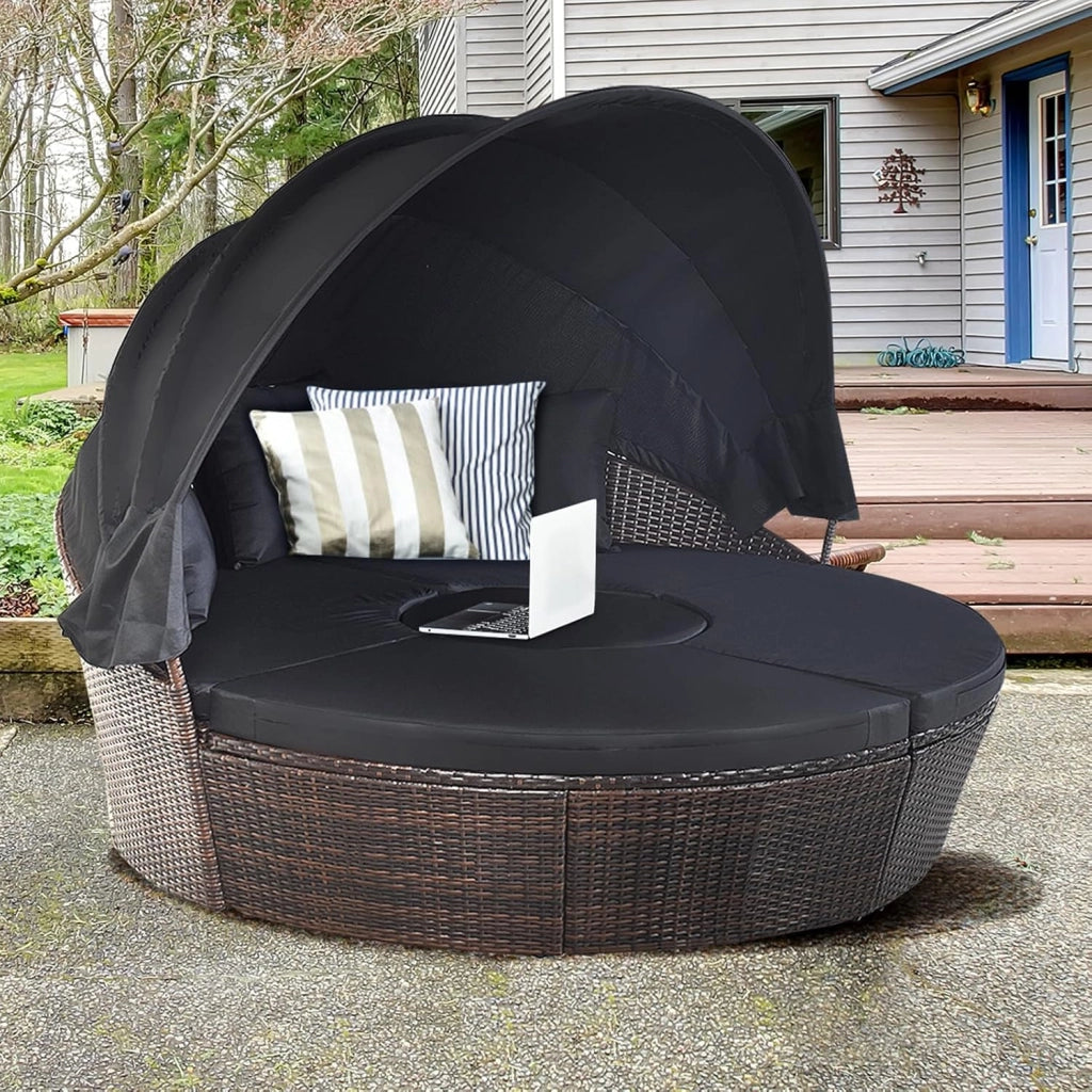 Letto Isola da Giardino, Divano Prendisole con Tettuccio Retrattile, con Sedili Cuscini Impermeabili Sfoderabili, Tavolino Regolabile in Altezza (Nero)