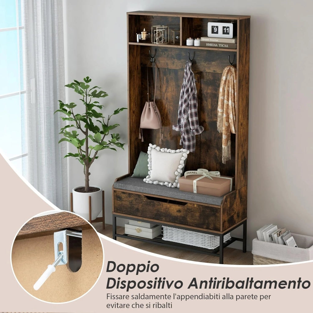 4 in 1 Appendiabiti da Ingresso, Armadio con Appendiabiti Multifunzionale, con Panca Cuscino e Ganci, Panchina per Ingresso, 90 x 38,5 x 170 cm (Marrone)