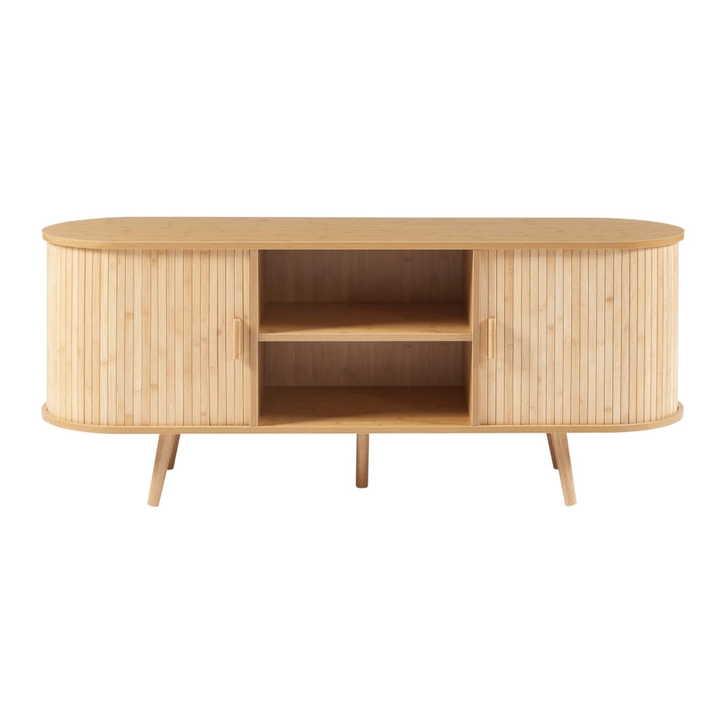 Credenza/cassettiera/mobile contenitore 140 x 40 x 56 cm per soggiorno ingresso camera da letto con ante scorrevoli MDF bambù legno beige 03_0009037