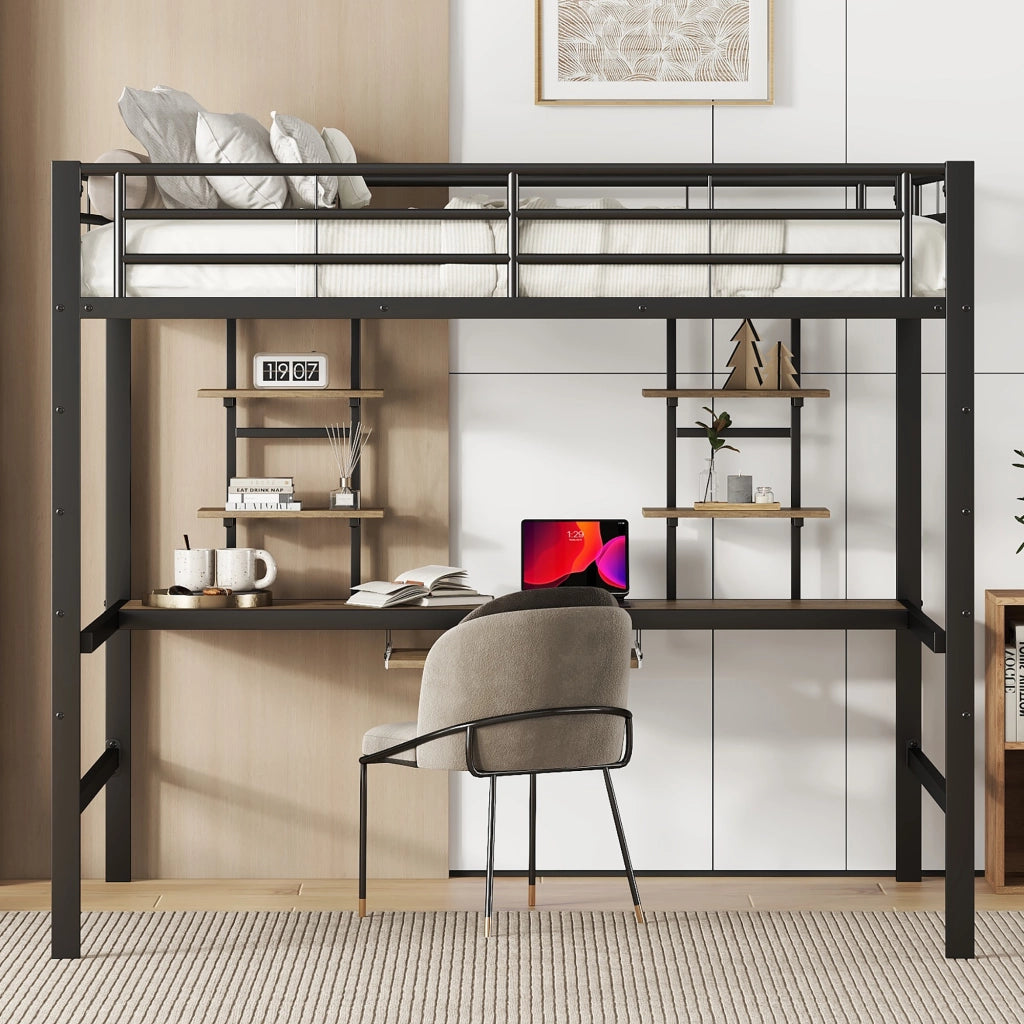 Letto a soppalco 140 × 200 cm con scrivania, 2 librerie e scala, senza materasso, in metallo, nero