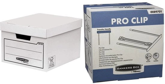 Scatola di archiviazione in cartone B-golf robusto con coperchio, con 10 & 0089701 clip archiviale, ProClip, 100 mm, con gancio, 100% riciclato, 100 pezzi, bianca