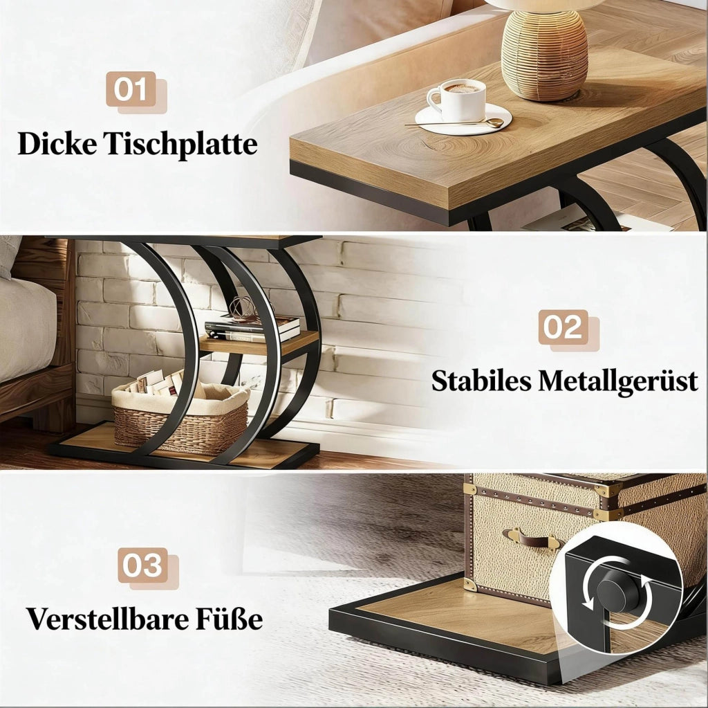 Tavolino laterale a C con 3 ripiani in metallo e legno